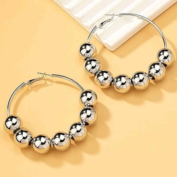 silver Hoop Ball Statement Earrings - Picture 3 of 5
